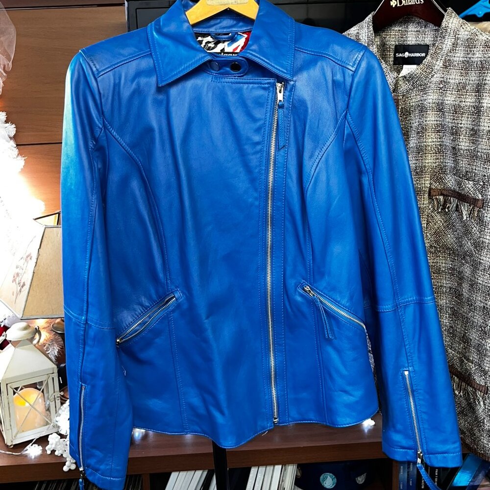 Genuine Twiggy London ~ Women's Large ~ Electric Blue Leather Moto/Biker Jacket